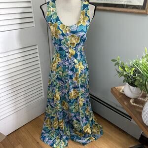 Vintage Betsy Lauren Dress 6 Blue Tropical Floral Maxi Retro Hawaiian Summer